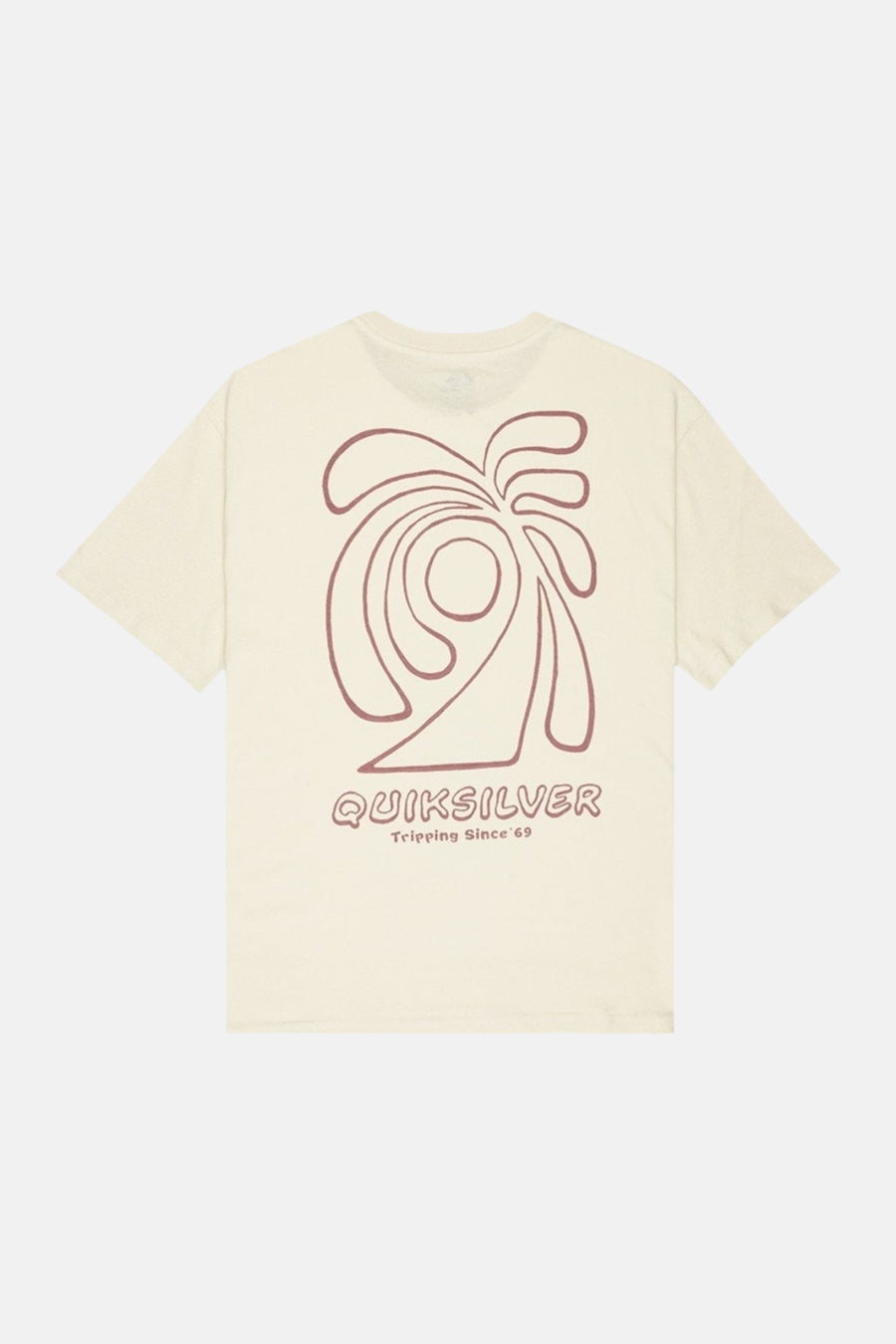 T-shirt à manches courtes de couleur écru de Quiksilver, avec un imprimé abstrait de palmier marron dans le dos.