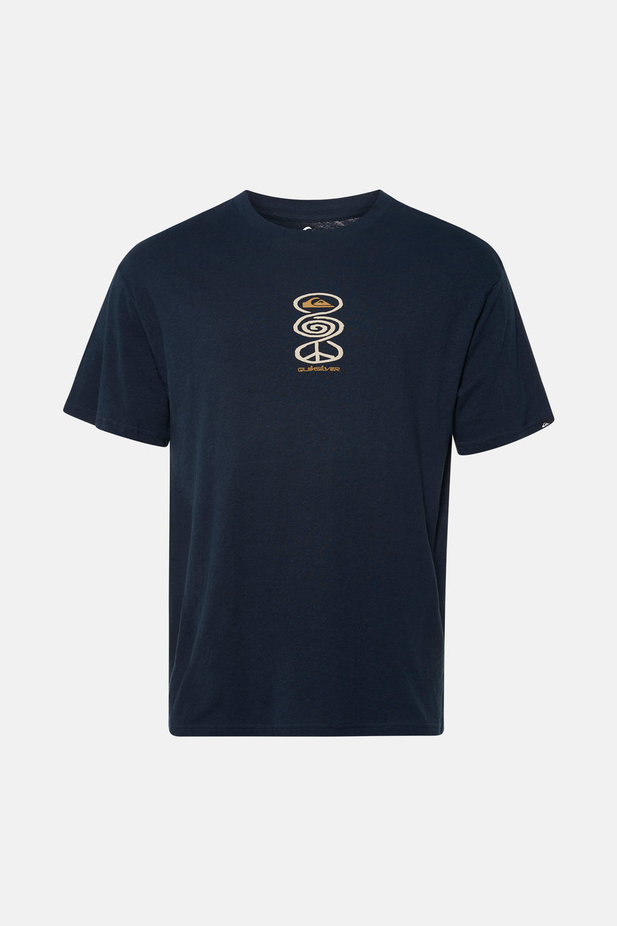 T-shirt bleu Quiksilver avec un imprimé du logo et un signe de paix sur le devant.