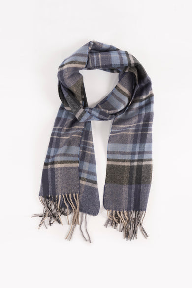 Écharpe d'hiver bleue Access® avec un motif de fenêtre et des franges.
