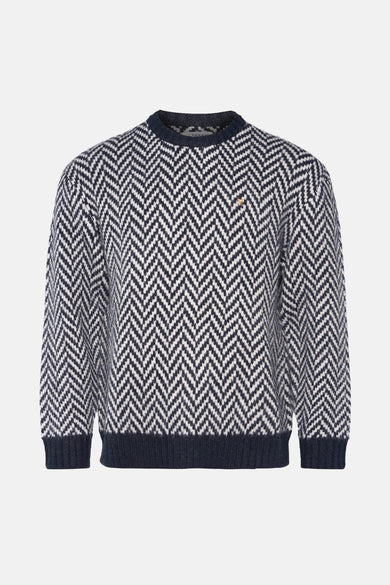 T-shirt bleu avec col rond de FARAH, avec un motif à carreaux noir et blanc sur tout le t-shirt.