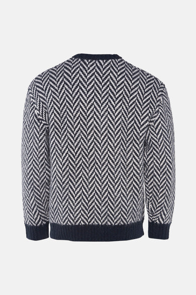 T-shirt bleu avec col rond de FARAH, avec un motif en maille de vis tissé en blanc et bleu foncé, côté dos.