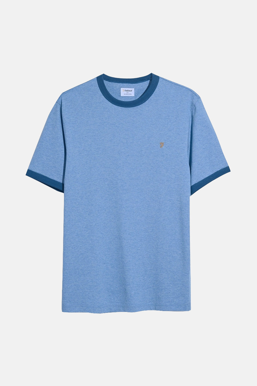Blauw T-shirt met korte mouwen van FARAH, met contrasterende ronde hals en logo op de borst.