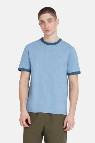 Blauw T-shirt met korte mouwen van FARAH, met blauwe biezen aan de hals en mouwen.