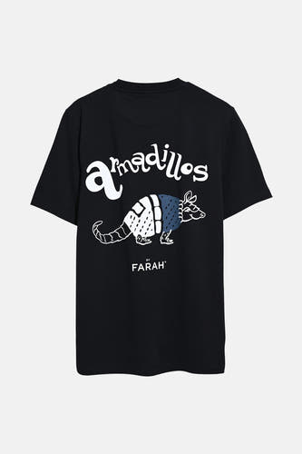 T-shirt noir à manches courtes de FARAH, avec une illustration d'un animal à corne et du texte sur le dos.