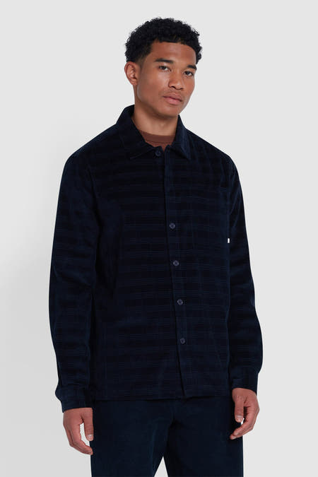 Chemise en corduroy bleu à manches longues de FARAH, avec un motif à carreaux et une fermeture à boutons.
