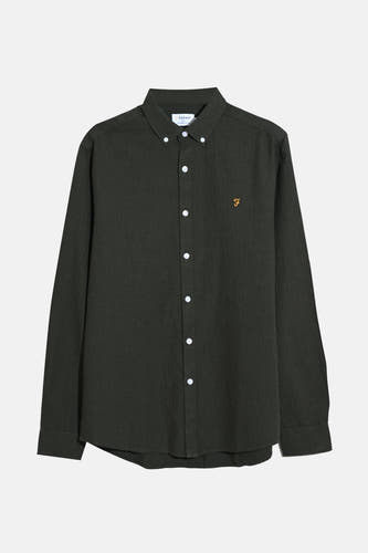 Chemise verte à manches longues de FARAH, avec des boutons blancs et le logo sur la poitrine.