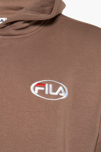 Pull-over marron avec capuche FILA, doté d'un logo brodé sur la poitrine.