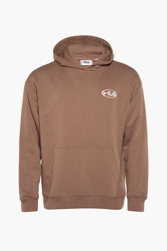 Pull marron avec capuche FILA, logo sur la poitrine et une poche kangourou.