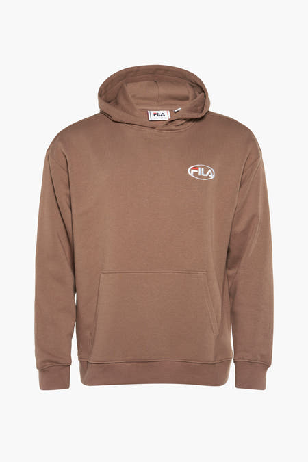 Pull marron avec capuche FILA, logo sur la poitrine et une poche kangourou.