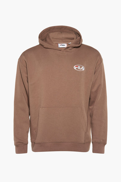 Pull marron avec capuche FILA, logo sur la poitrine et une poche kangourou.