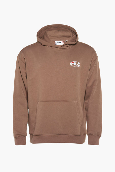 Pull marron avec capuche FILA, logo sur la poitrine et une poche kangourou.