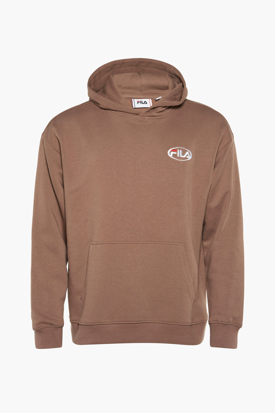 Pull marron avec capuche FILA, logo sur la poitrine et une poche kangourou.
