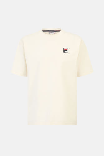 T-shirt écru à manches courtes de FILA, avec logo sur la poitrine et détails rayés au col.