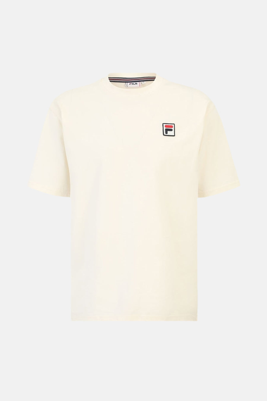 T-shirt écru à manches courtes de FILA, avec logo sur la poitrine et détails rayés au col.