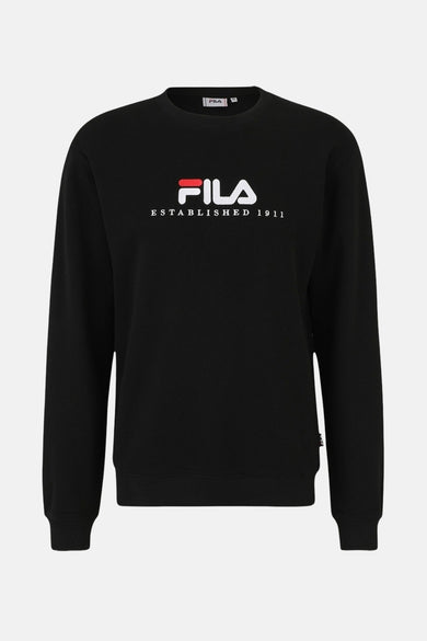 Sweat-shirt noir à col rond de FILA avec logo blanc et accent rouge, doté de bords-côtes au col, aux manches et à l'ourlet, vue de face.