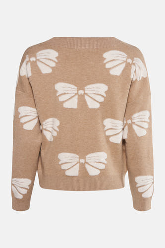 Beige cardigan van HAILYS, met een patroon van witte strikken.
