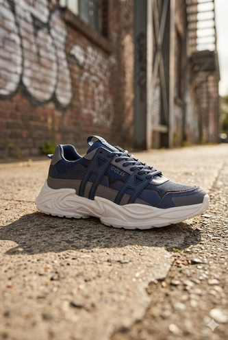 Guess sneaker, blauw en grijs, op een betonnen ondergrond.