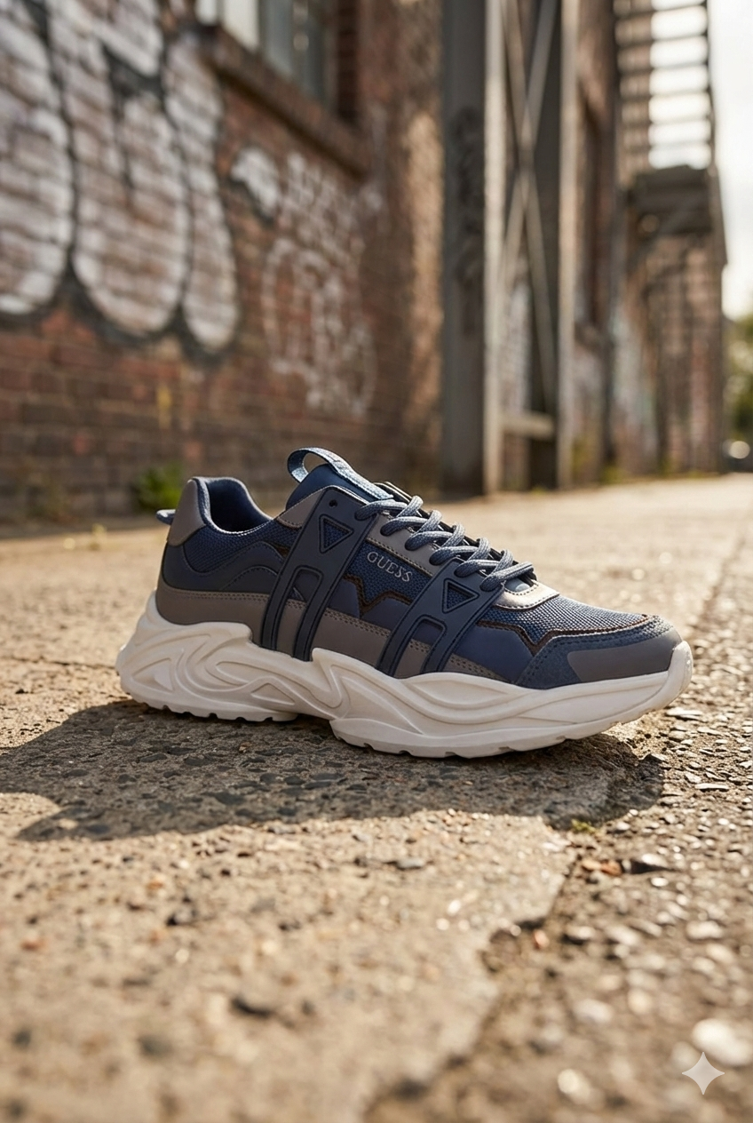 Guess sneaker, blauw en grijs, op een betonnen ondergrond.