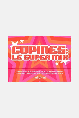 Cadeau multicolore de HelloFun!, avec des motifs d'étoiles roses et oranges.