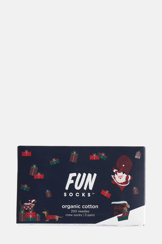 Chaussettes multicolores de FunSocks, avec un thème de Noël et des décorations comme des cadeaux et un Père Noël.