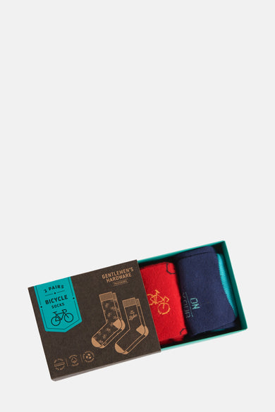Chaussettes multicolores emballées dans une boîte de Gentlemen's Hardware avec des motifs de vélo et diverses couleurs.