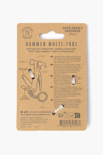 Multicolore marteau multitool de Gentlemen's Hardware, avec des informations sur le produit et des avertissements affichés sur l'emballage.
