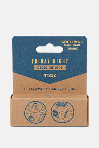 Cadeau multicolore de Gentlemen's Hardware avec impression "Friday Night Decision Dice" et illustrations de dés.