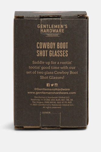 Set de 4 verres à shot de bottes de cowboy multicolores de Gentlemen's Hardware, dans un emballage en carton gris foncé avec texte doré, vue de face