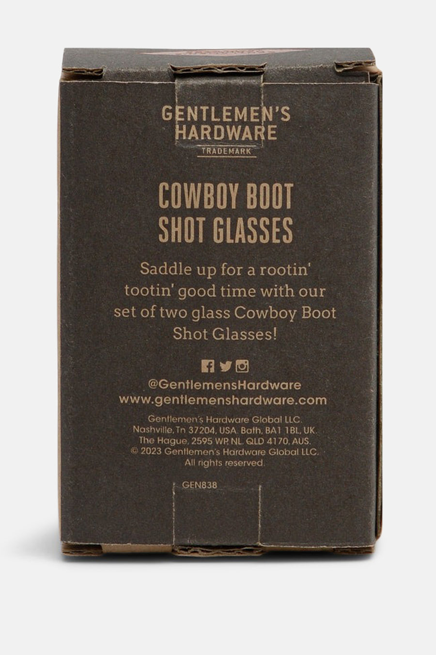 Set de 4 verres à shot de bottes de cowboy multicolores de Gentlemen's Hardware, dans un emballage en carton gris foncé avec texte doré, vue de face