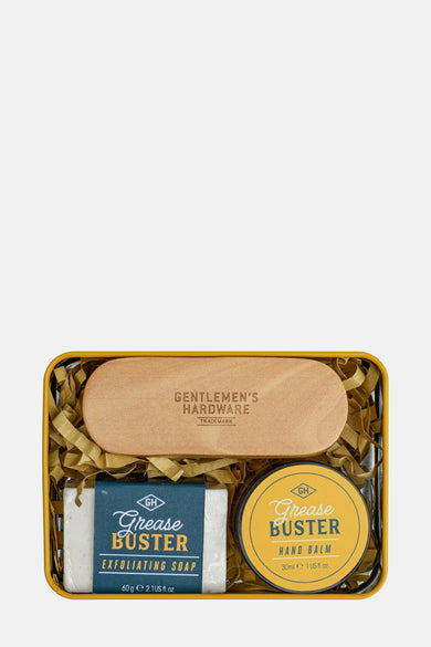 Cadeau multicolore de Gentlemen's Hardware dans une boîte métallique jaune avec du matériau de remplissage crème.