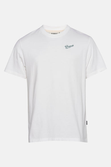 T-shirt écru à manches courtes de POMPEII, avec une inscription verte sur la poitrine.