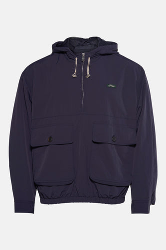 Donkerblauw windjack met capuchon en zakken.