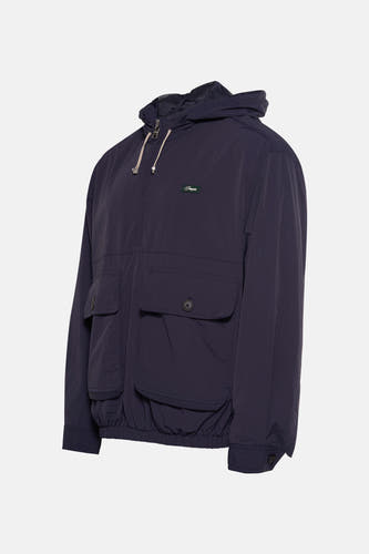 Manteau court bleu de POMPEII, avec capuche, poches et doublure en tissu filet bleu foncé.