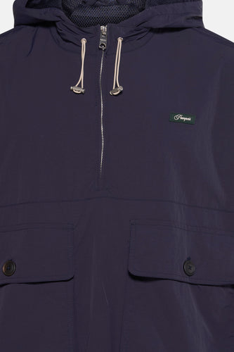 Donkerblauwe anorak met capuchon, rits, zakken en Pompeii-logo.