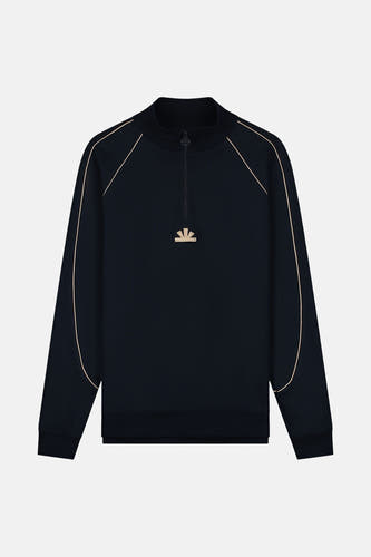 Pull-over bleu de BASELAB, avec une fermeture éclair courte et un logo beige sur la poitrine.