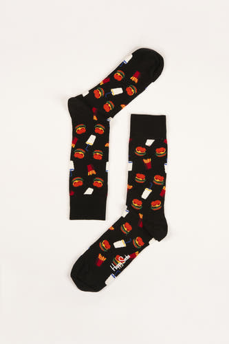 Chaussettes multicolores de Happy Socks avec un motif de hamburgers, frites et boissons.
