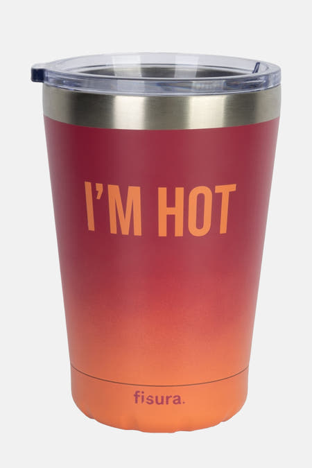 Cadeau multicolore de Fisura, avec un texte "I'm hot" et un couvercle transparent.