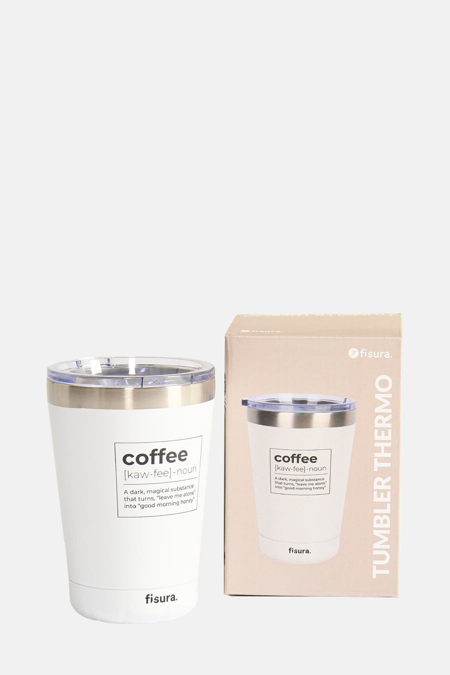 Witte thermosbeker en verpakking met koffie-definitie en logo.