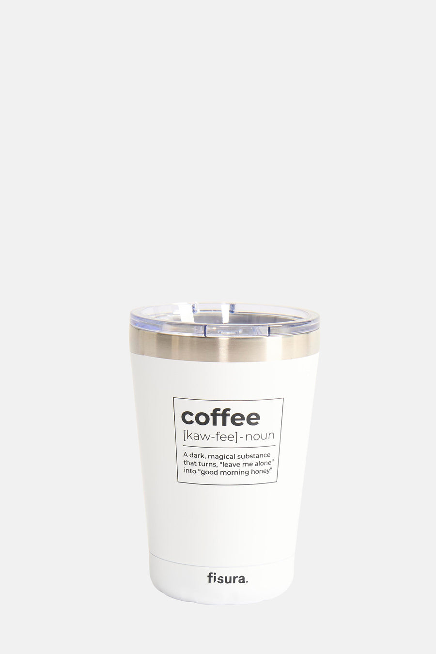 Witte koffiebeker met tekst "coffee" en "fisura.".