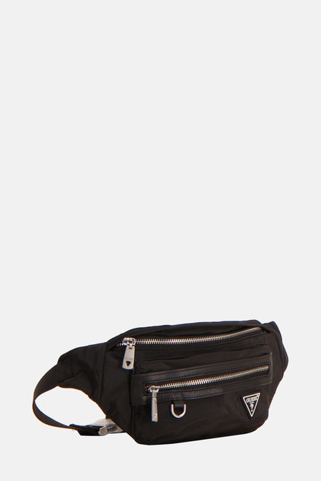 Zwarte Guess heuptas met meerdere ritsvakken en logo.