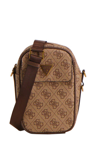 Sac à dos brun de Guess avec un motif de logos et de bordures brunes.