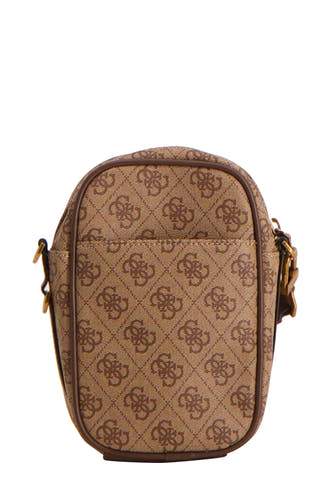 Bruine schoudertas van Guess met een patroon van logo's en bruine randen.

