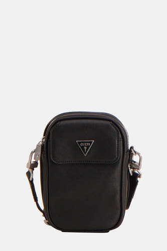 Sac à dos noir de Guess, avec des détails argentés et une sangle d'épaule ajustable.