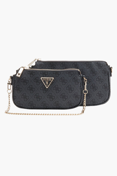Sac à dos noir de Guess avec imprimé logo et détail de chaîne dorée.