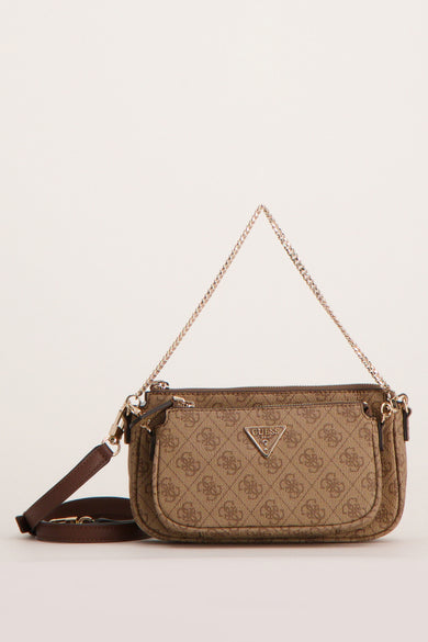 Sac bandoulière Bruine avec imprimé logo et chaîne dorée de Guess, doté d'une bandoulière marron imitation cuir et d'un emblème triangulaire