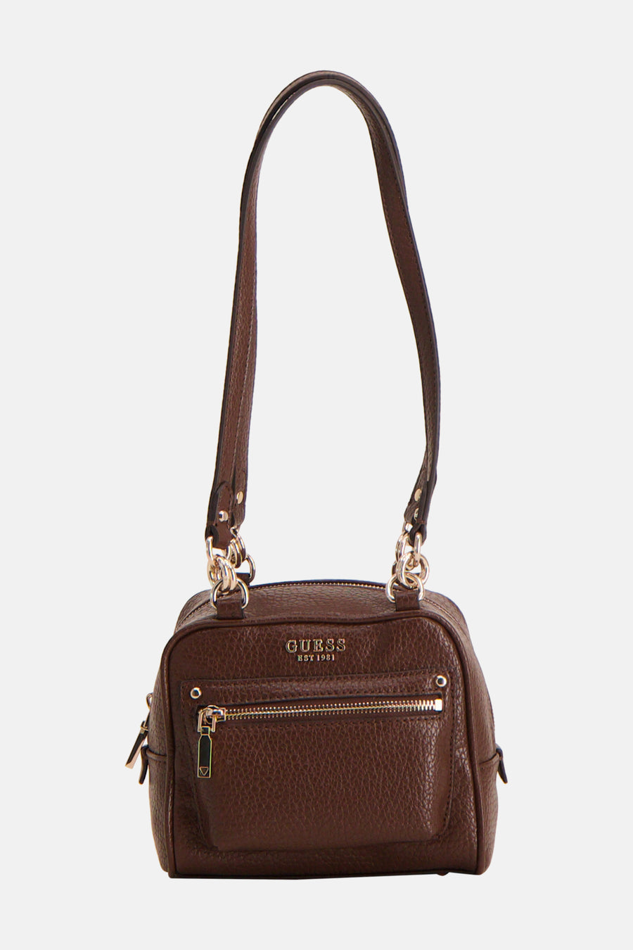 Sac à bandoulière marron Guess avec texture grainée, fermetures éclair dorées, poche avant et logo Guess.