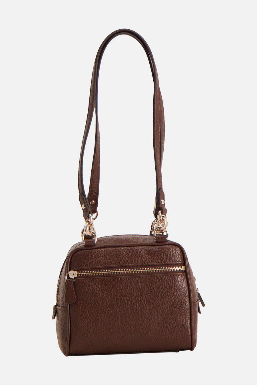 Sac à bandoulière marron Guess avec matière texturée, fermetures éclair dorées et longues anses.