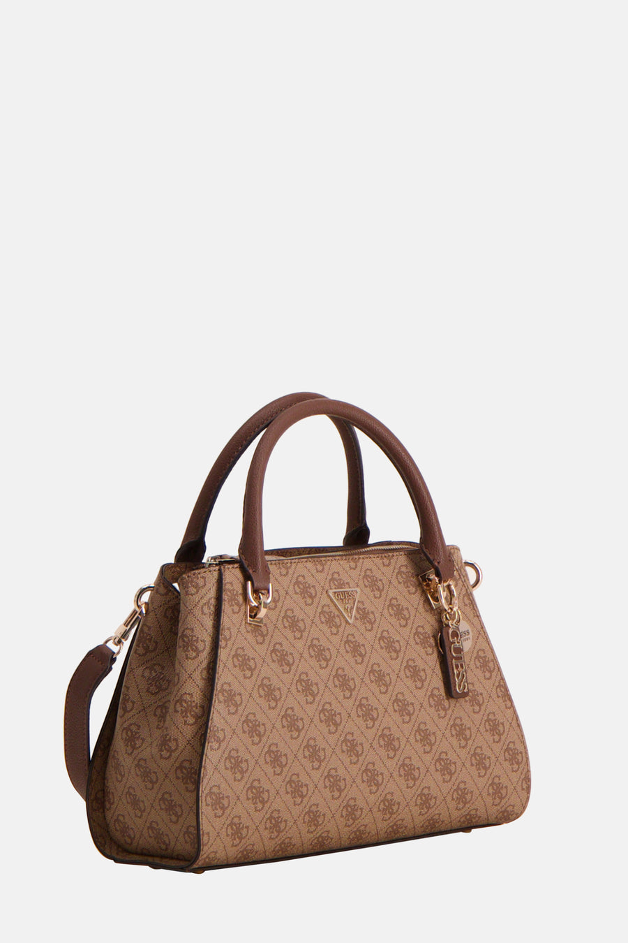 Sac à main Guess marron avec un imprimé logo sur toute la surface et des anses marrons.