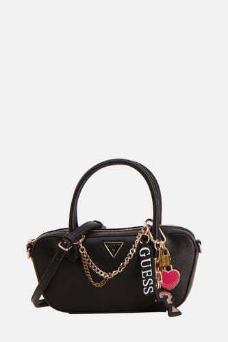 Sac à main noir Guess, de forme arrondie avec de courtes anses, en similicuir grainé.