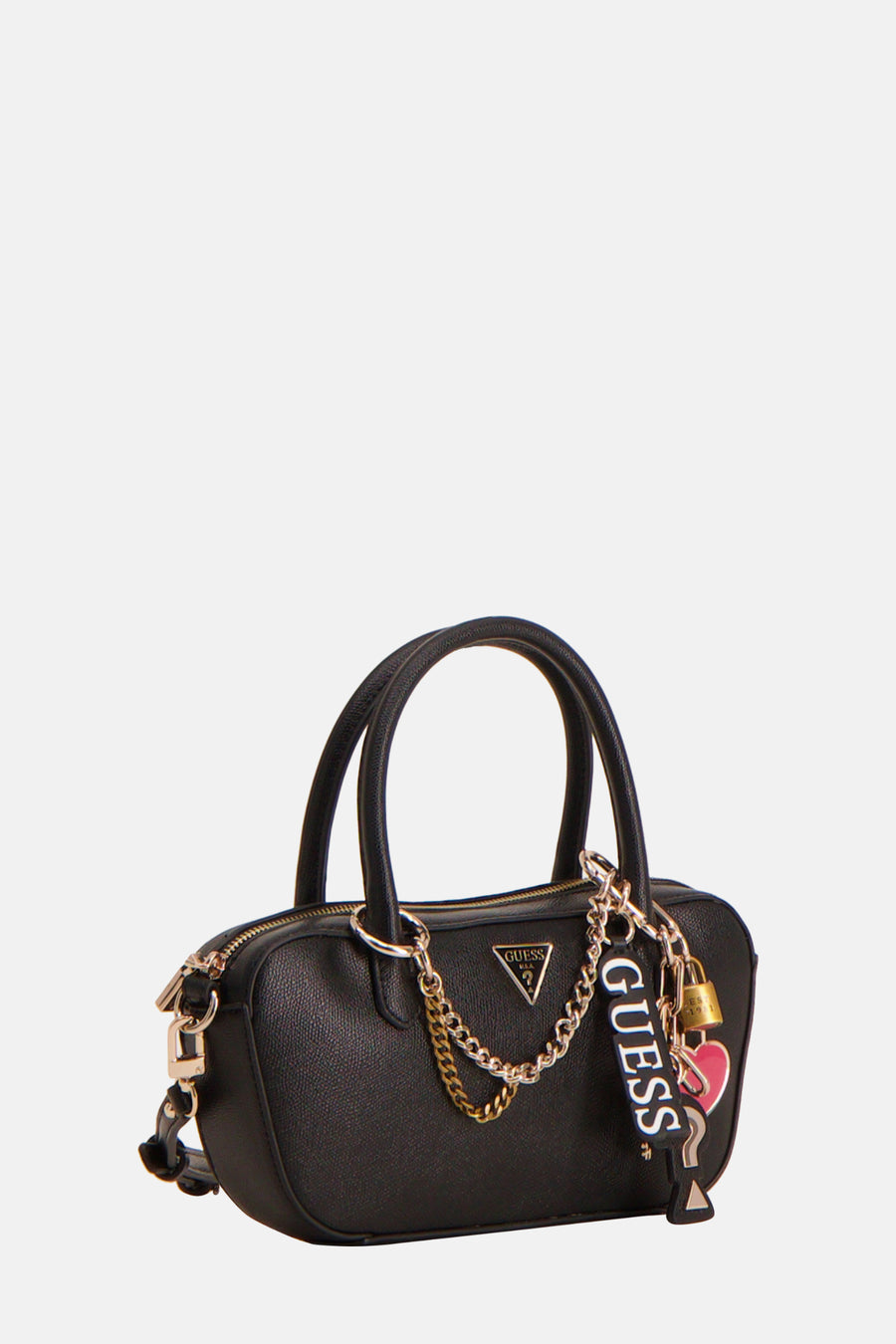 Sac à main noir Guess, avec chaînes dorées, fermoir et breloque de marque.